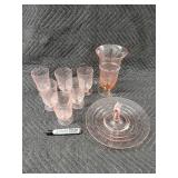 Pink Glassware Set - 6 Small Goblets, 1 Tall Goblet & Cake Stand with Lid