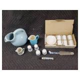 Blue Ceramic Pitcher Lot - Includes 6 Demitasse Sets, Salt Shakers & Glassware