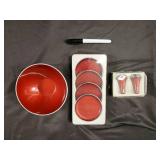 Red Coasters Set of 4 with Salt & Pepper Shaker Pair and Red Bowl on White Tray