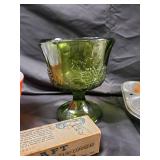 Vintage Kitchenware Lot: 5 Lime-Green Plates, Green Goblet, Muffin Pan, Kraft Decorator Box