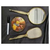 Vintage Gold-Tone Vanity Mirror Set - 3-Piece: Large Hand Mirror, Powder Compact, Long Handle Mirror