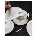 White Hobnail Porcelain Covered Tureen with Plates - 3-Piece Serving Set