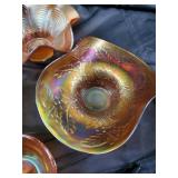 Amber Carnival Glass Bowls - Leaf & Floral Etched Pattern, 4-Piece Set