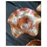 Amber Carnival Glass Bowls - Leaf & Floral Etched Pattern, 4-Piece Set