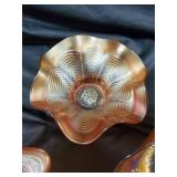 Amber Carnival Glass Bowls - Leaf & Floral Etched Pattern, 4-Piece Set