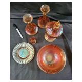 Orange Iridescent Carnival Glass Compote Set with Lidded Pedestals and Plate