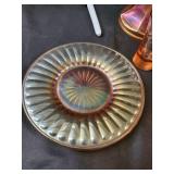 Orange Iridescent Carnival Glass Compote Set with Lidded Pedestals and Plate