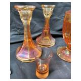 Orange Iridescent Carnival Glass Compote Set with Lidded Pedestals and Plate