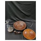 Real Walnut Wood Bowls, Glass Decanter, Oil Lamp & Carved Wood Piece - Vintage Decor Lot