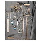 Antique Garden Tools Lot - Hand Rake, Cultivator, Wheel Tool & Wire Brush