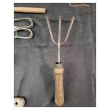 Antique Garden Tools Lot - Hand Rake, Cultivator, Wheel Tool & Wire Brush
