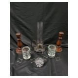 Vintage Oil Lamp with Chimney, 2 Wood Candlesticks, Glass Hurricane Holders