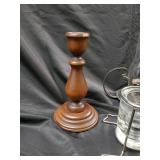 Vintage Oil Lamp with Chimney, 2 Wood Candlesticks, Glass Hurricane Holders