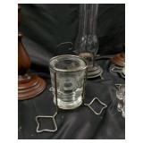 Vintage Oil Lamp with Chimney, 2 Wood Candlesticks, Glass Hurricane Holders