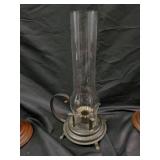 Vintage Oil Lamp with Chimney, 2 Wood Candlesticks, Glass Hurricane Holders