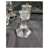 Vintage Oil Lamp with Chimney, 2 Wood Candlesticks, Glass Hurricane Holders
