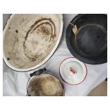 Vintage Enamelware Kitchen Lot - Pans, Colanders, Lids, & Decorative Plate