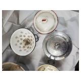 Vintage Enamelware Kitchen Lot - Pans, Colanders, Lids, & Decorative Plate
