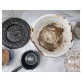 Vintage Enamelware Kitchen Lot - Pans, Colanders, Lids, & Decorative Plate