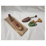 Vintage Wooden Hand Plane on Base Board & 2 Decorated Garden Trowels