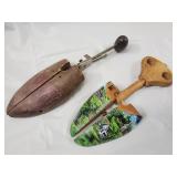 Vintage Wooden Hand Plane on Base Board & 2 Decorated Garden Trowels
