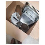 Assorted Bakeware Lot - Sheet Pans, Roaster Pan, Glass Lid & Strainer