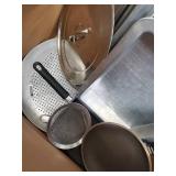 Assorted Bakeware Lot - Sheet Pans, Roaster Pan, Glass Lid & Strainer