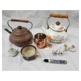 Vintage Teapots, Copper Mug, Cream Pitcher, Bowl & Ceramic Cat Figurines - Kitchenware Lot