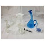 Glassware Lot - Blue Decanter, Daisy-Patterned Frosted Vase & Clear Bottles