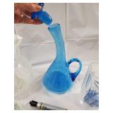 Glassware Lot - Blue Decanter, Daisy-Patterned Frosted Vase & Clear Bottles