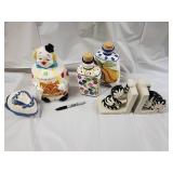 Vintage Ceramic Clown Cookie Jar, Fruit Bottle Decanters, Cat Figurines & Heart Dish - 6-Piece Lot