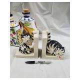 Vintage Ceramic Clown Cookie Jar, Fruit Bottle Decanters, Cat Figurines & Heart Dish - 6-Piece Lot