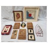 Vintage Wall Decor Lot - Framed Dog Portrait, Quilt Block & Rustic Wood Panels