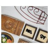 Vintage Wall Decor Lot - Framed Dog Portrait, Quilt Block & Rustic Wood Panels