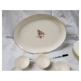 Cream Floral China Dinnerware Set with Gold Trim - Oval Platter, Teacups, Saucers & Gravy Boat