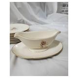 Cream Floral China Dinnerware Set with Gold Trim - Oval Platter, Teacups, Saucers & Gravy Boat