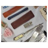 Vintage drafting tools & office supplies lot - rulers, calipers, Cross pen set, stamp books