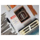 Vintage drafting tools & office supplies lot - rulers, calipers, Cross pen set, stamp books