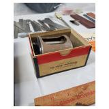 Vintage drafting tools & office supplies lot - rulers, calipers, Cross pen set, stamp books