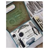 Vintage drafting tools & office supplies lot - rulers, calipers, Cross pen set, stamp books