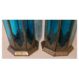 LL-BR - Pair of Moroccan Filigree Lanterns with Turquoise Glass - 20 in tall, 7 in base