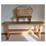 LL-FR - Vintage Wooden Bench With Stool & Wicker Basket