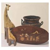 LL-FR - Giraffe Figurines (Set of 2) & Wooden Wall Plaque with Carriage Scene & Woven Jar Basket