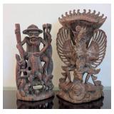 ML - Pair of Carved Wood Figurines - Fisherman with Pole & Garuda-Vishnu Balinese Wooden Sculpture