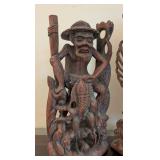 ML - Pair of Carved Wood Figurines - Fisherman with Pole & Garuda-Vishnu Balinese Wooden Sculpture