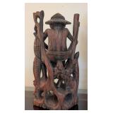 ML - Pair of Carved Wood Figurines - Fisherman with Pole & Garuda-Vishnu Balinese Wooden Sculpture