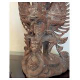 ML - Pair of Carved Wood Figurines - Fisherman with Pole & Garuda-Vishnu Balinese Wooden Sculpture