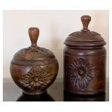 ML - Pair of Carved Wooden Jars with Lids - Floral Rosette Motif