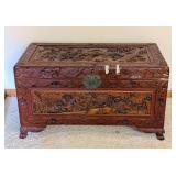 LL - Chinese Carved Hardwood Chest - Crane & Floral Scene