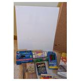 LL - Assorted Office & Art Supplies Lot - Whiteboard, Corkboard, 2-Hole Punch, Gift Tape, Pins, Pencils